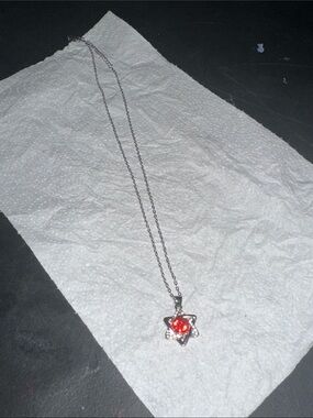 Silver Star Pendant Necklace with Red Gem